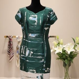 Carolina Herrera Green Abstract Print Sheath Midi Dress